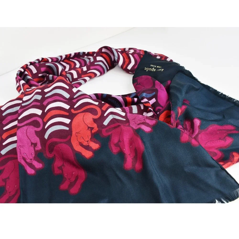 Large long colorful Kate Spade silk scarf, fuchsia panther classy silk scarf